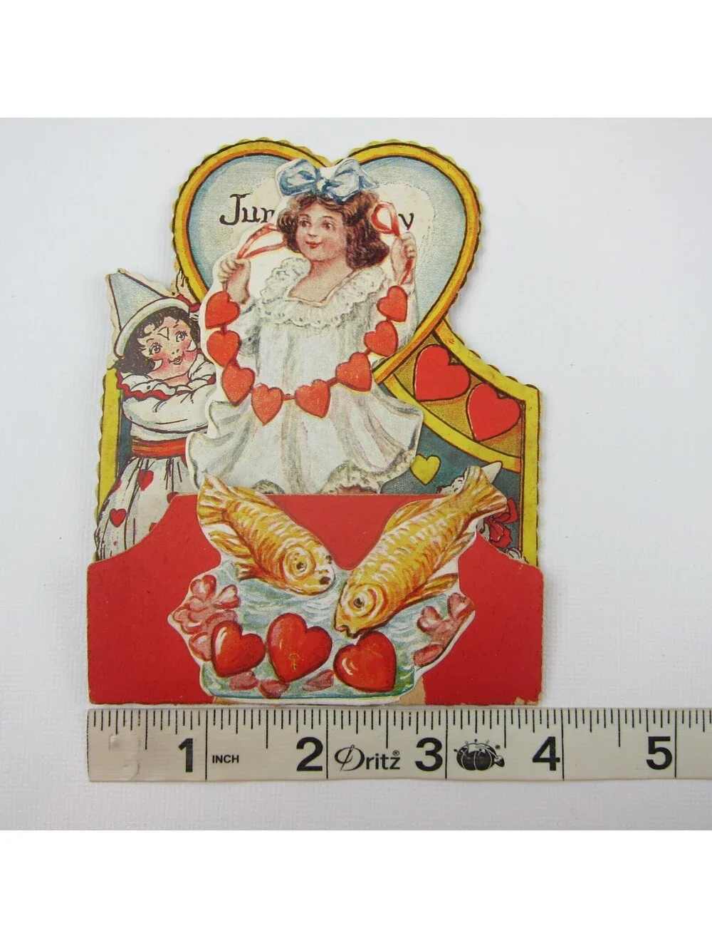 Antique Valentine Honeycomb 3D Pop Up Diecut Girl Boy Clown White Dog Fish Heart